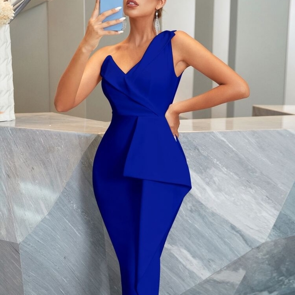 One Shoulder Blue Women's Midi Dress
